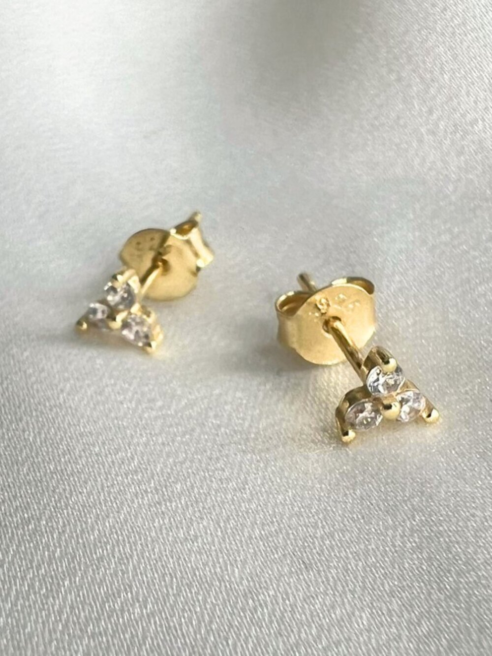 14K Gold Plated 925 Silver CZ Trio Stud Earrings